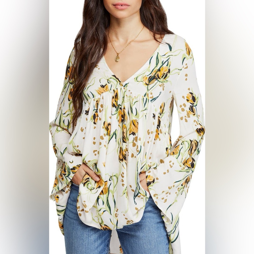 Free People Cream Bella Print Floral Tunic Sz XS